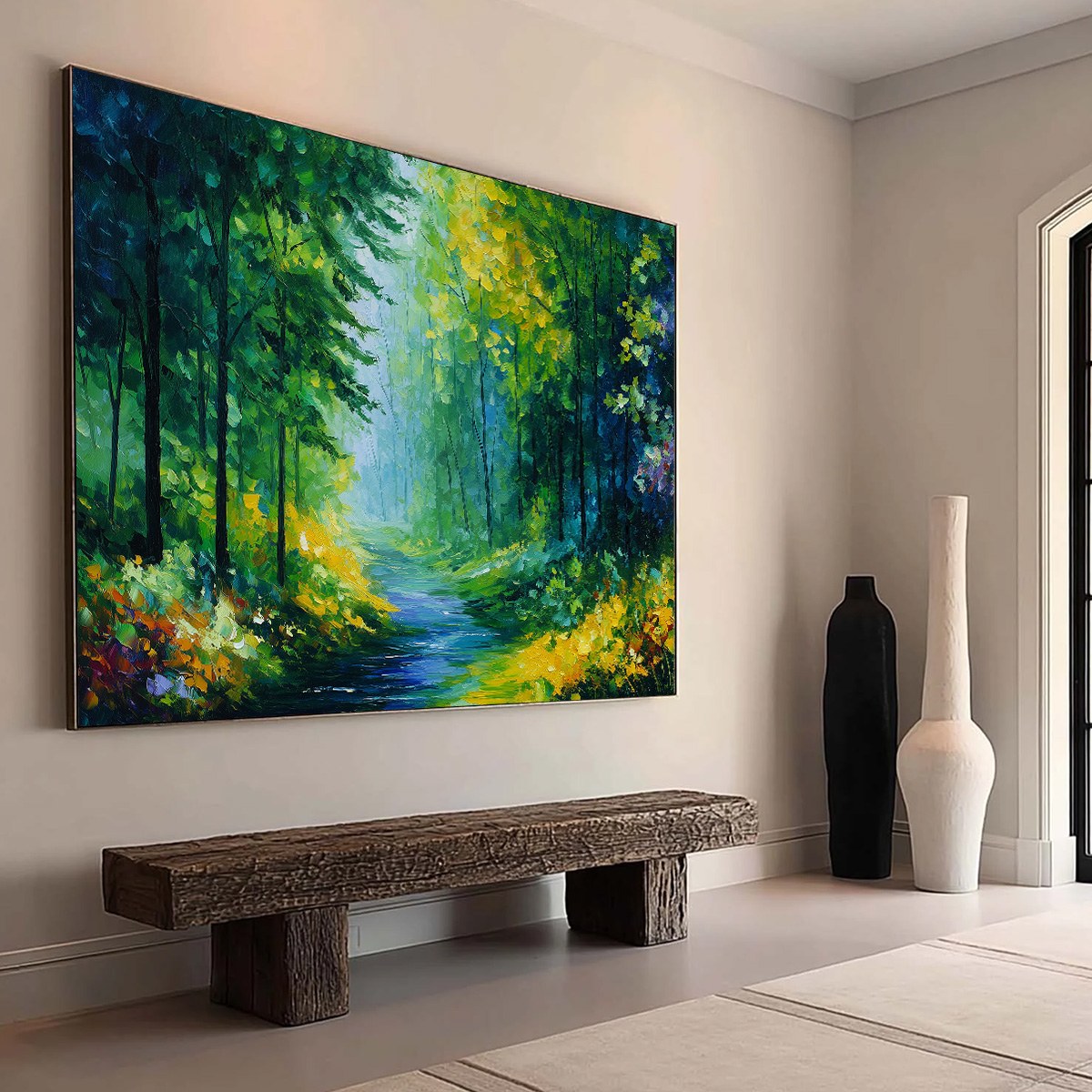 VERDANT WHISPER: Textured Palette Knife Forest Landscape Oil Painting - Image 7