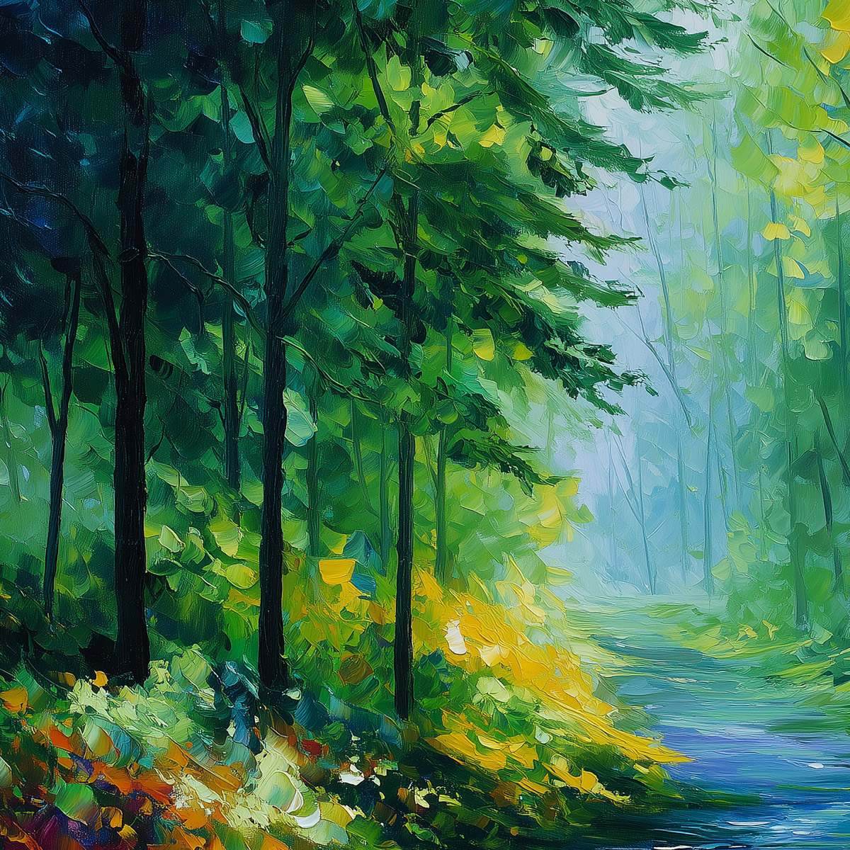 VERDANT WHISPER: Textured Palette Knife Forest Landscape Oil Painting - Image 3