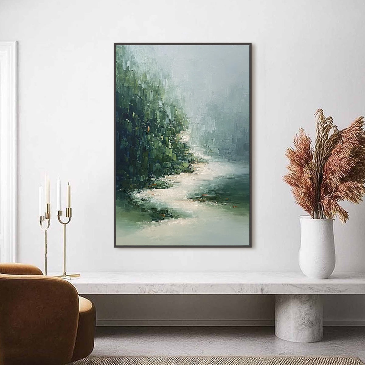 VERDANT WHISPER: Textured Wabi Sabi Forest & River Landscape Painting - Image 2