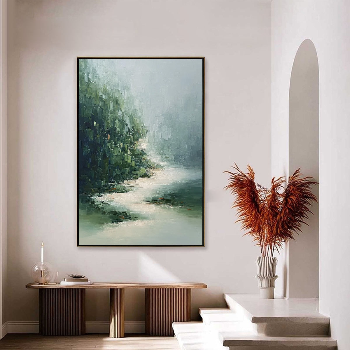 VERDANT WHISPER: Textured Wabi Sabi Forest & River Landscape Painting - Image 4