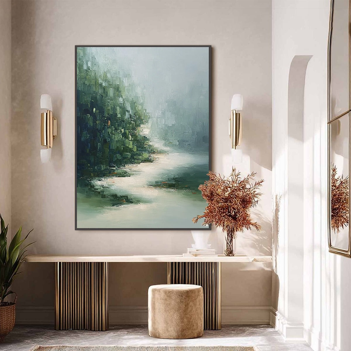 VERDANT WHISPER: Textured Wabi Sabi Forest & River Landscape Painting - Image 6