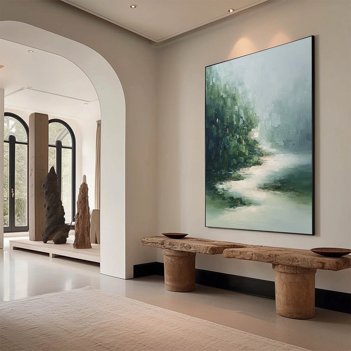 VERDANT WHISPER: Textured Wabi Sabi Forest & River Landscape Painting - Image 7