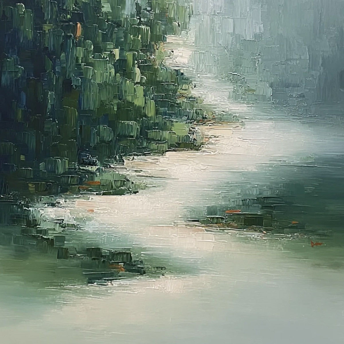 VERDANT WHISPER: Textured Wabi Sabi Forest & River Landscape Painting - Image 5
