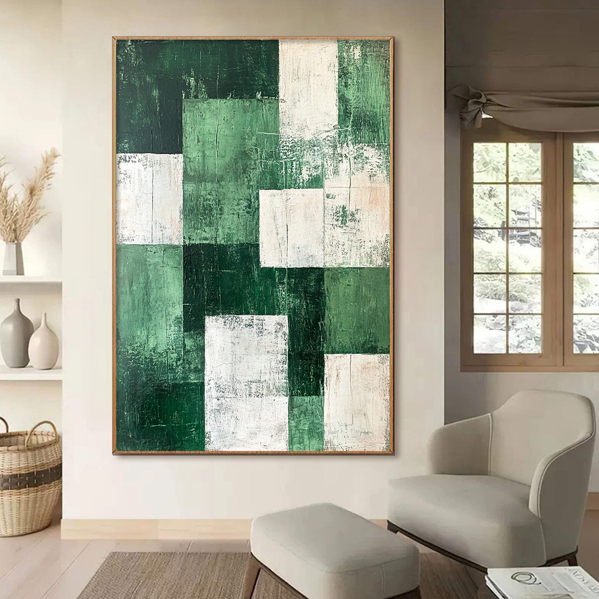 VERDANT BLOCKS: Textured Abstract Grid Oil Painting - Image 5