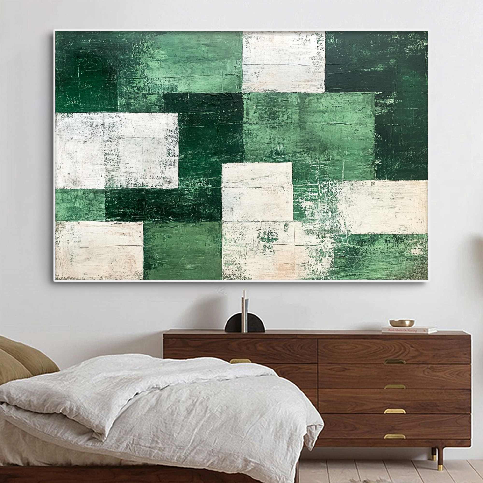 VERDANT BLOCKS: Textured Abstract Grid Oil Painting - Image 3