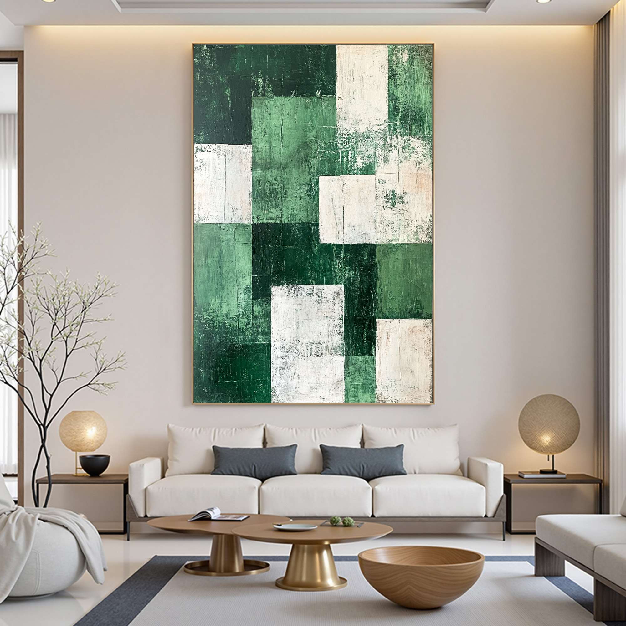 VERDANT BLOCKS: Textured Abstract Grid Oil Painting - Image 2