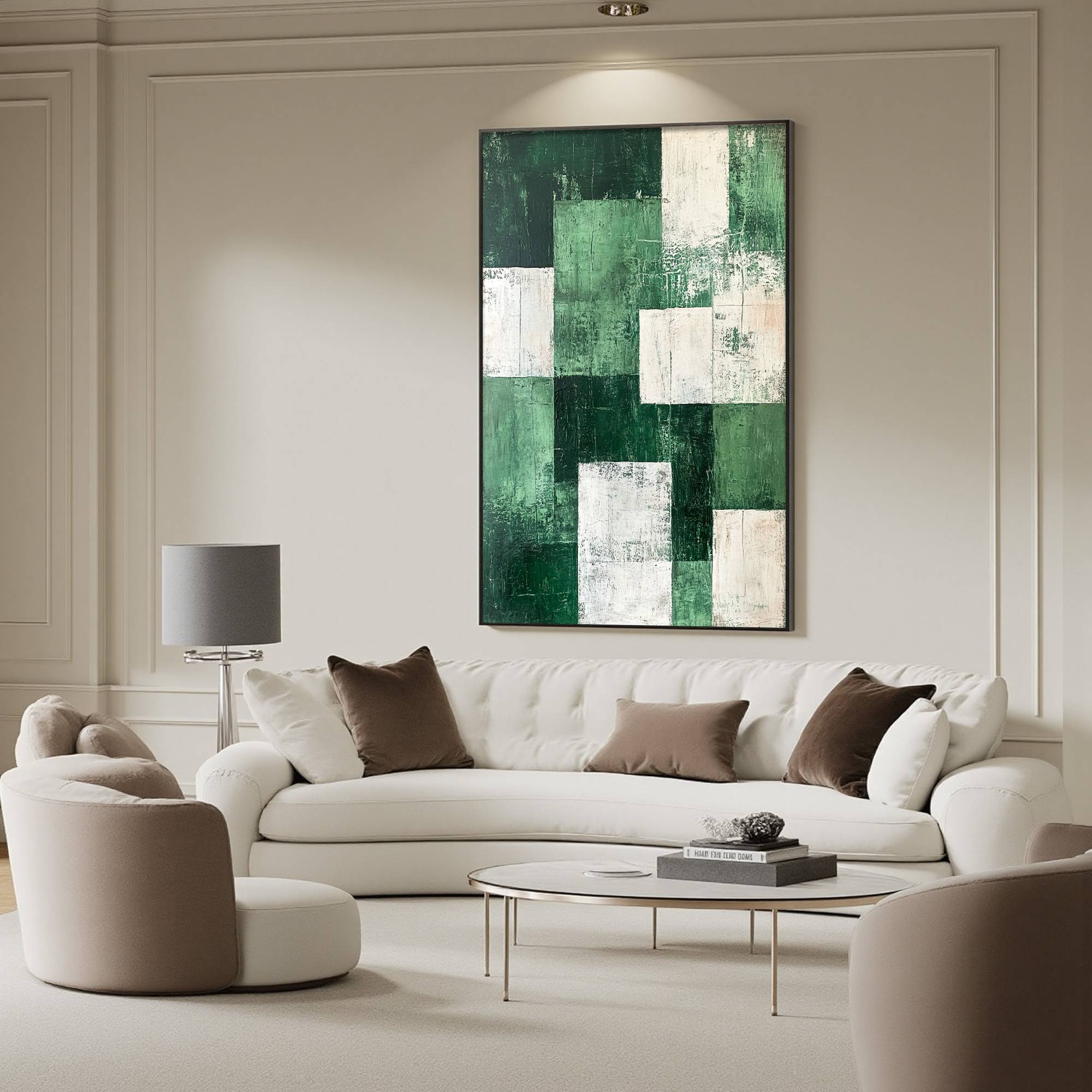 VERDANT BLOCKS: Textured Abstract Grid Oil Painting - Image 4
