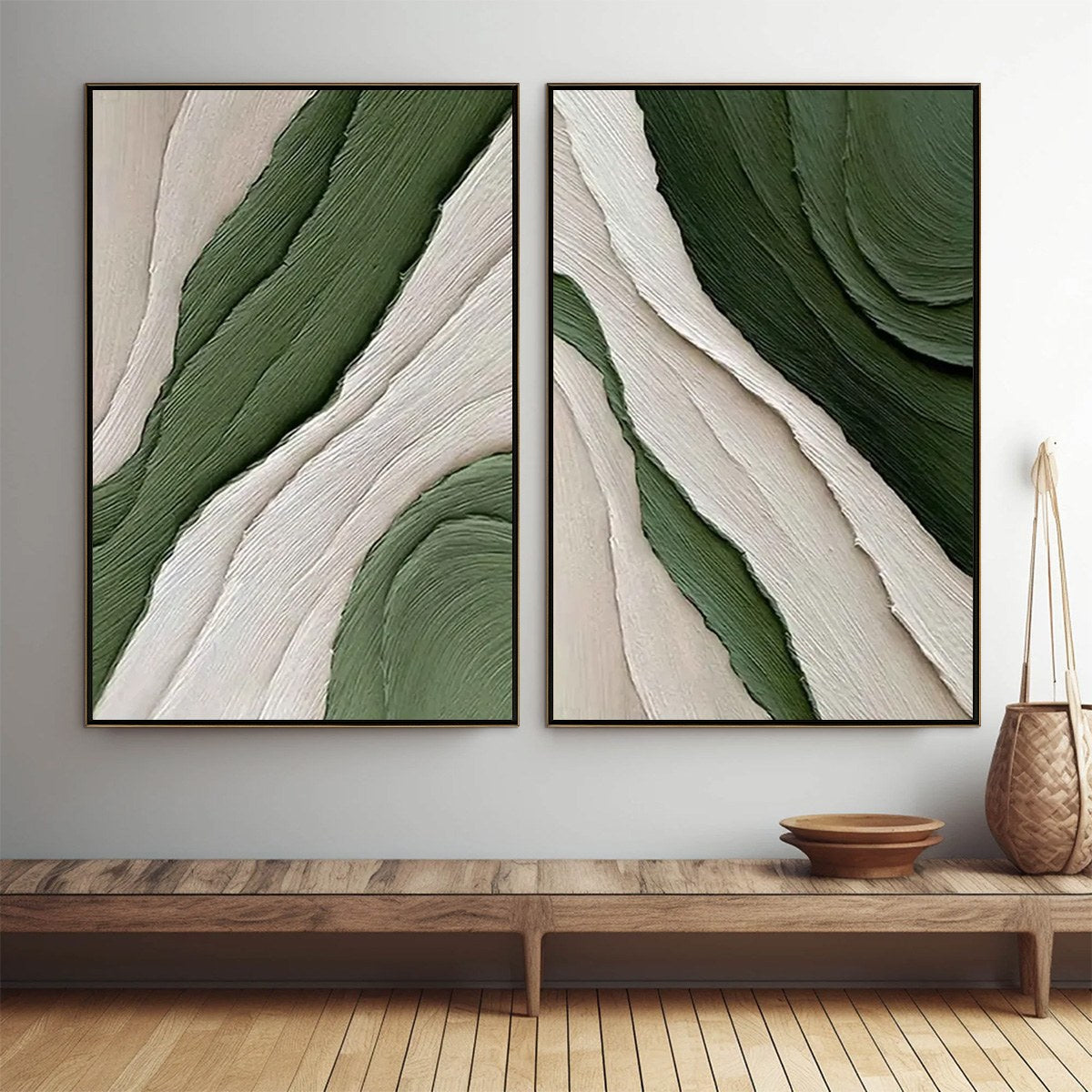 VERDANT FLOW: Textured Abstract Green and White Diptych Painting - Image 2