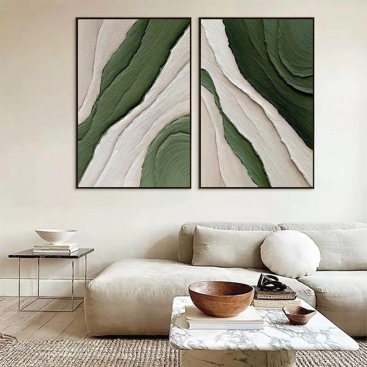 VERDANT FLOW: Textured Abstract Green and White Diptych Painting - Image 3
