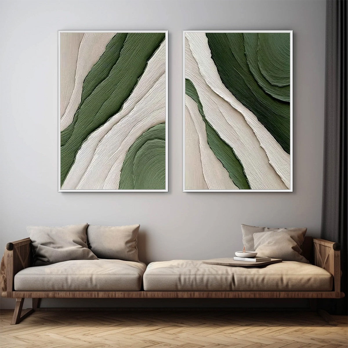 VERDANT FLOW: Textured Abstract Green and White Diptych Painting - Image 4
