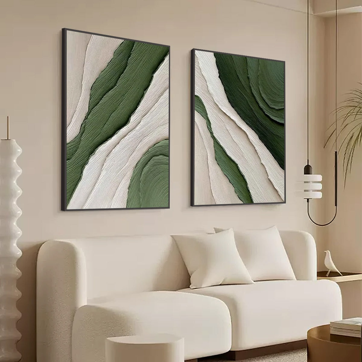 VERDANT FLOW: Textured Abstract Green and White Diptych Painting - Image 5