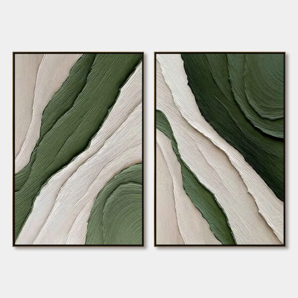 VERDANT FLOW: Textured Abstract Green and White Diptych Painting