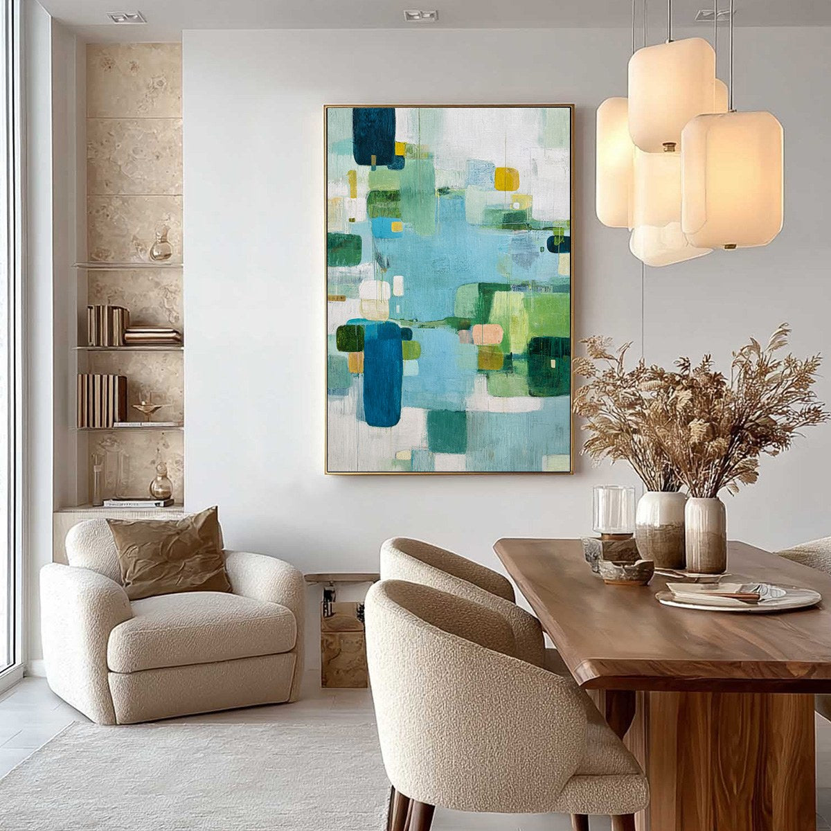 VERDANT MOSAIC: Vertical Modern Blue and Green Abstract Painting - Image 4