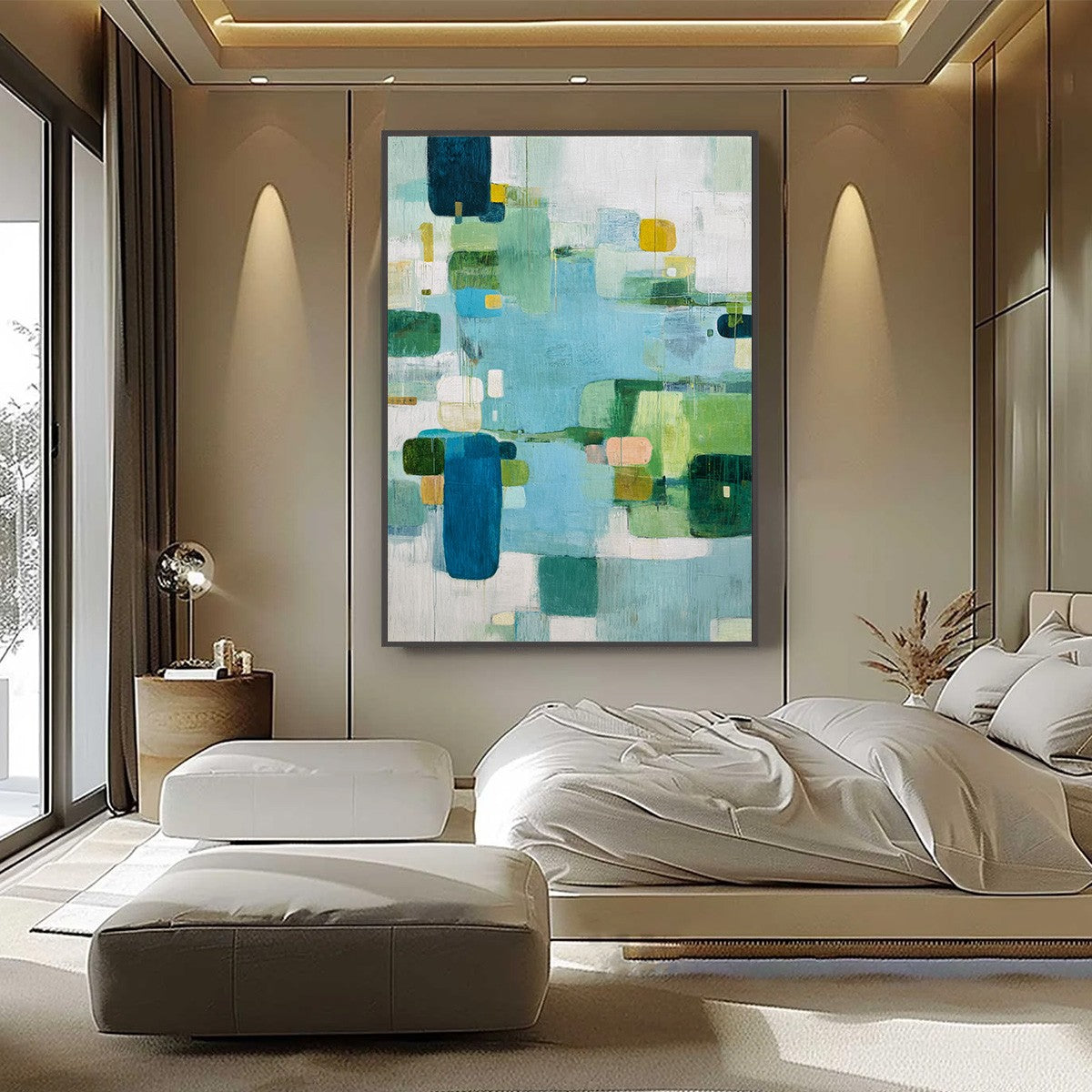 VERDANT MOSAIC: Vertical Modern Blue and Green Abstract Painting - Image 2