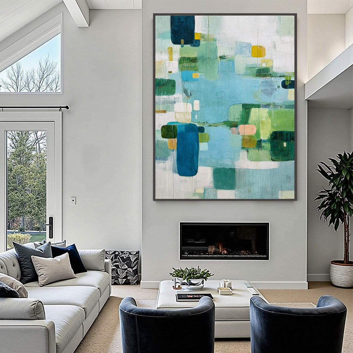 VERDANT MOSAIC: Vertical Modern Blue and Green Abstract Painting - Image 6
