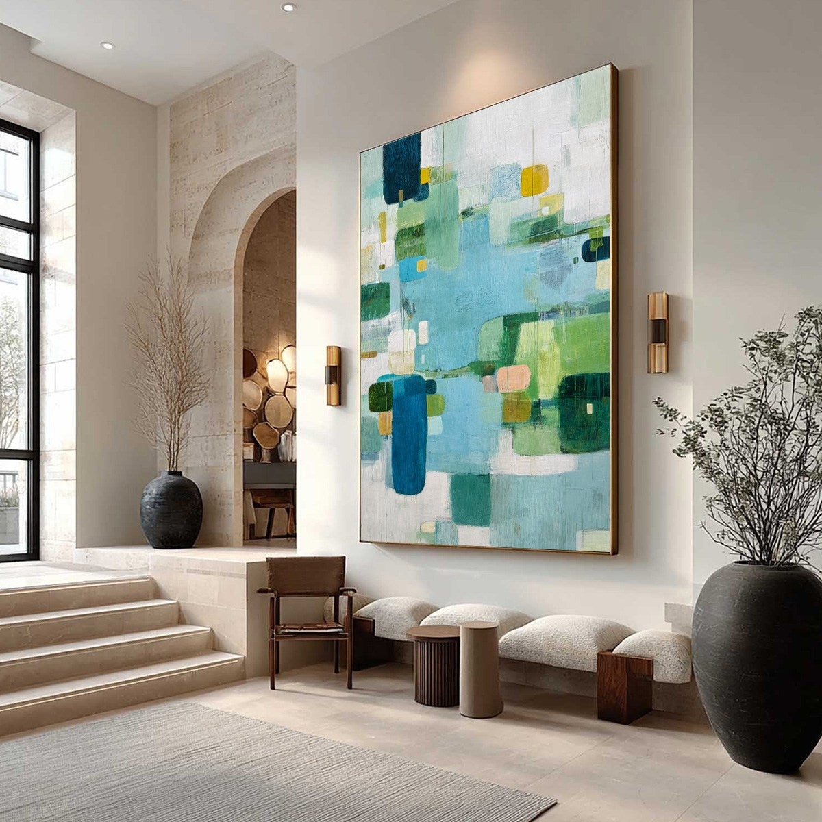 VERDANT MOSAIC: Vertical Modern Blue and Green Abstract Painting - Image 7
