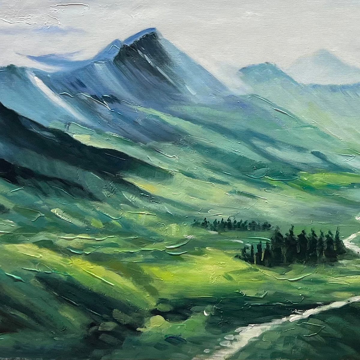 VERDANT VALLEY VISTA: Textured Abstract Landscape Oil Painting - Image 3