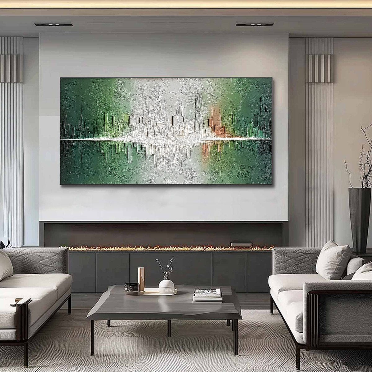 VERIDIAN REFLECTIONS: Textured Abstract Cityscape Reflection Painting - Image 2