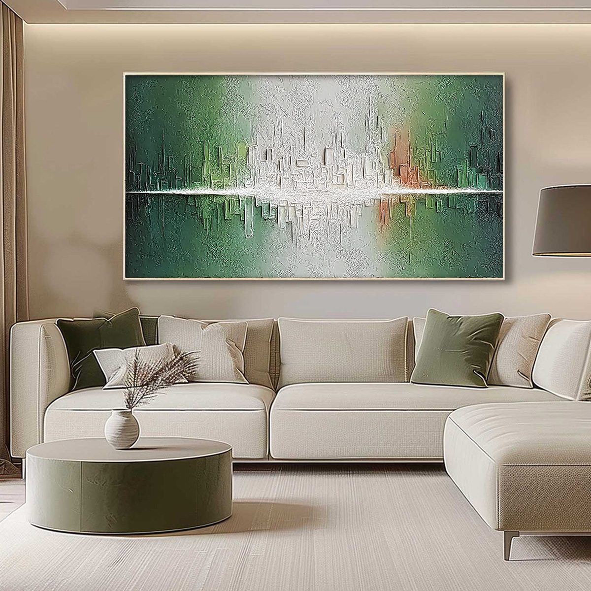 VERIDIAN REFLECTIONS: Textured Abstract Cityscape Reflection Painting - Image 4