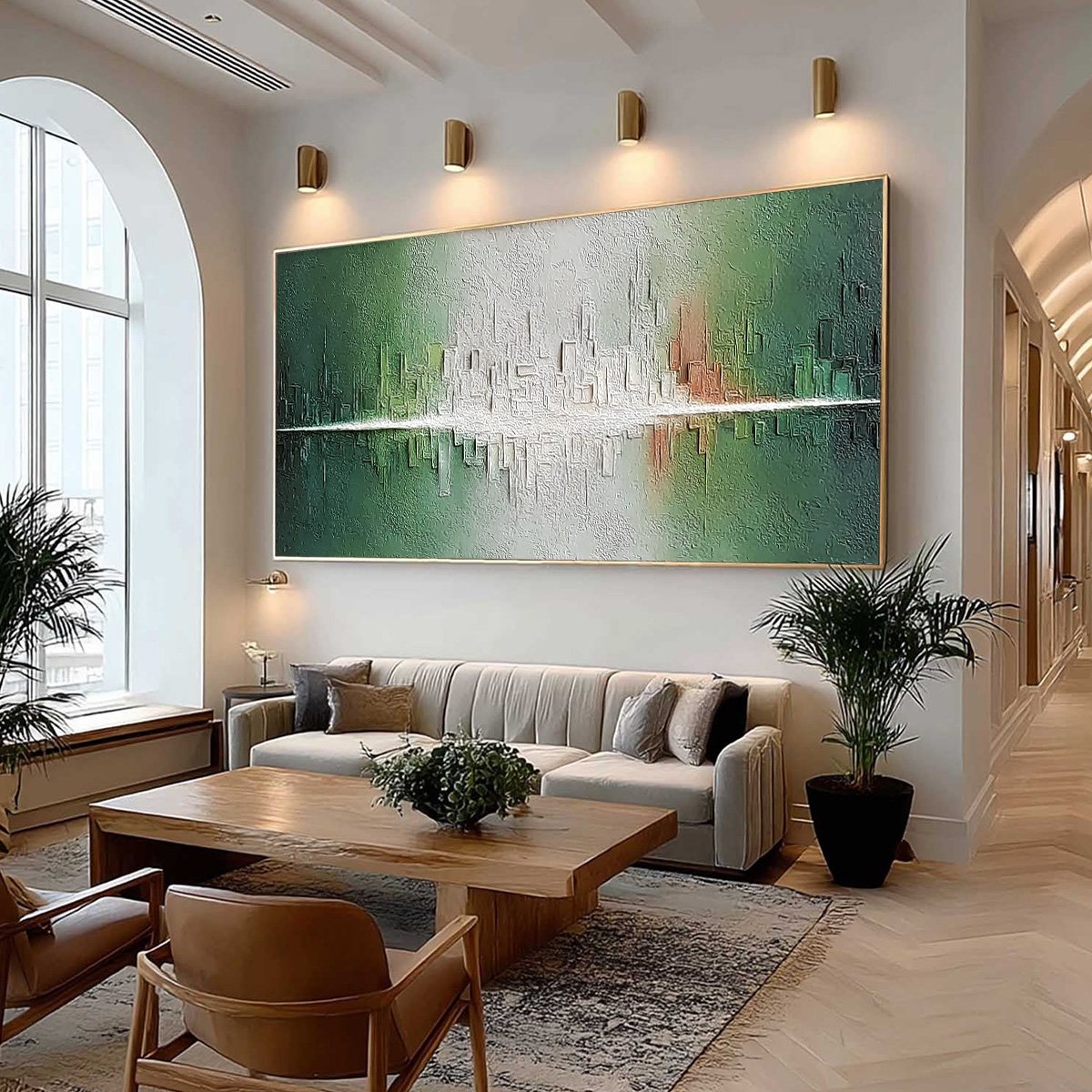 VERIDIAN REFLECTIONS: Textured Abstract Cityscape Reflection Painting - Image 7