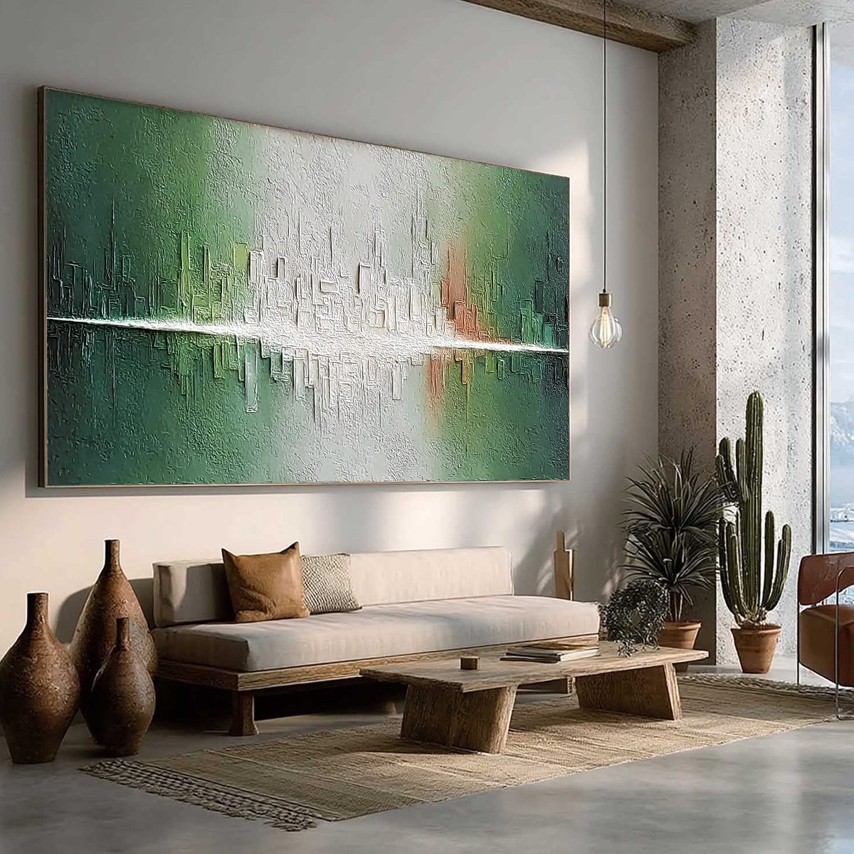 VERIDIAN REFLECTIONS: Textured Abstract Cityscape Reflection Painting - Image 8