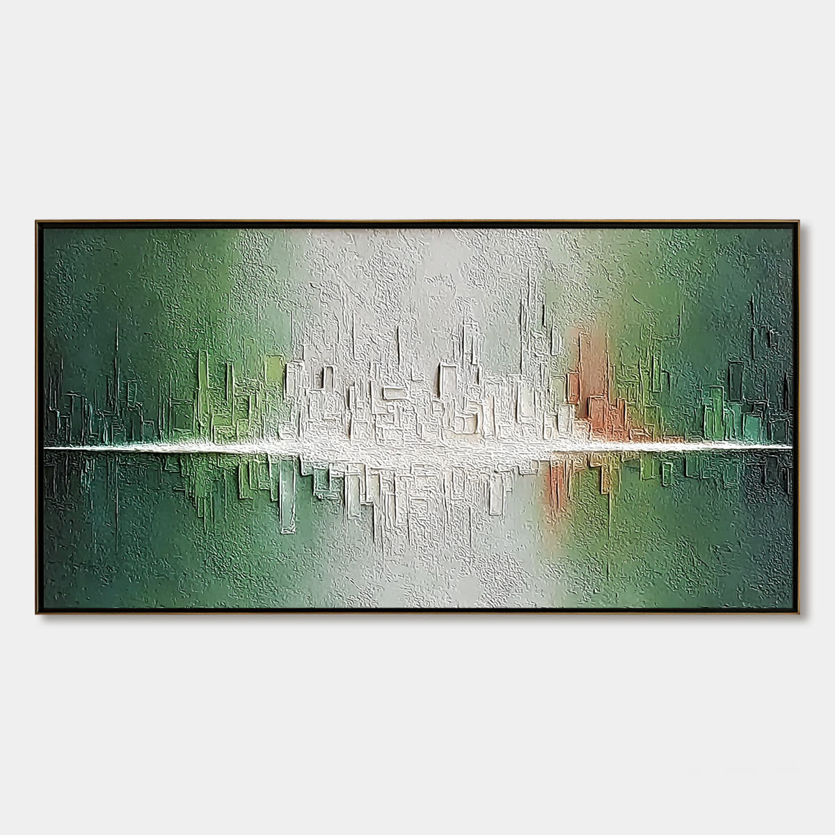 VERIDIAN REFLECTIONS: Textured Abstract Cityscape Reflection Painting