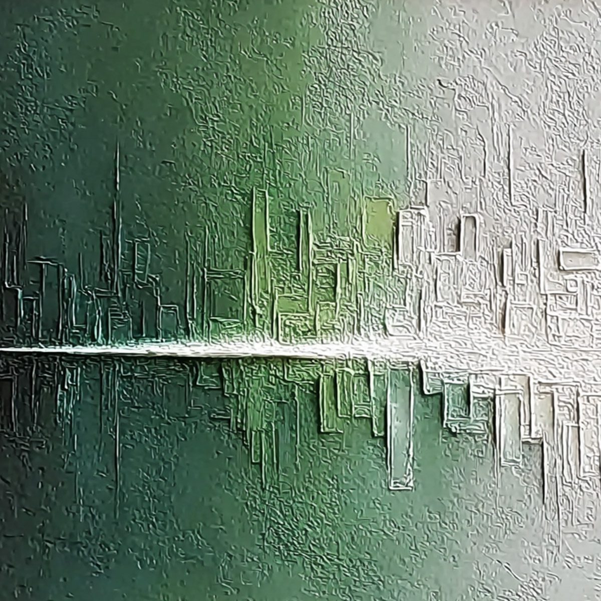 VERIDIAN REFLECTIONS: Textured Abstract Cityscape Reflection Painting - Image 3