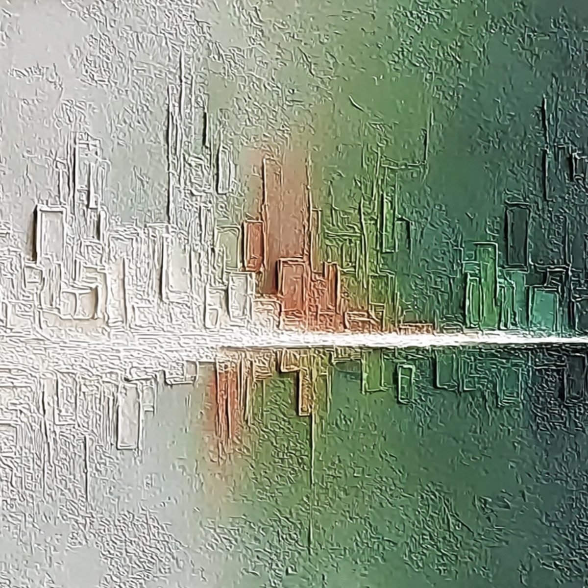 VERIDIAN REFLECTIONS: Textured Abstract Cityscape Reflection Painting - Image 5