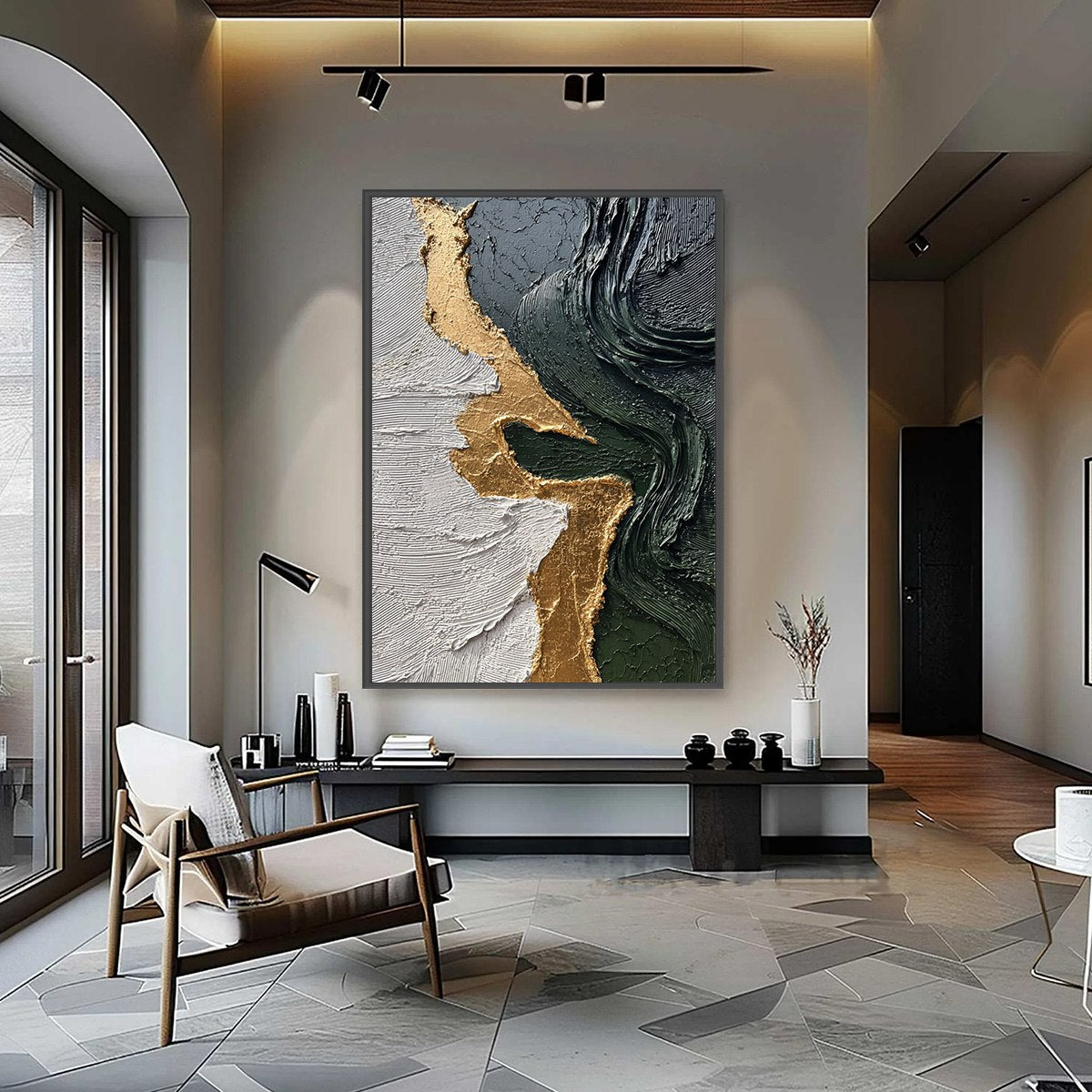 VERIDIAN RIFT: Large Vertical Textured Abstract Green and Gold Painting - Image 4