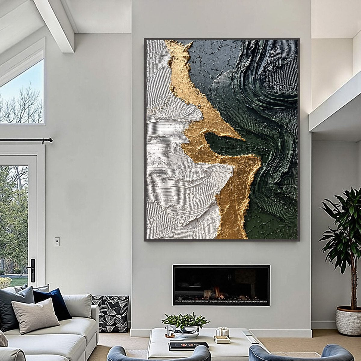 VERIDIAN RIFT: Large Vertical Textured Abstract Green and Gold Painting - Image 6