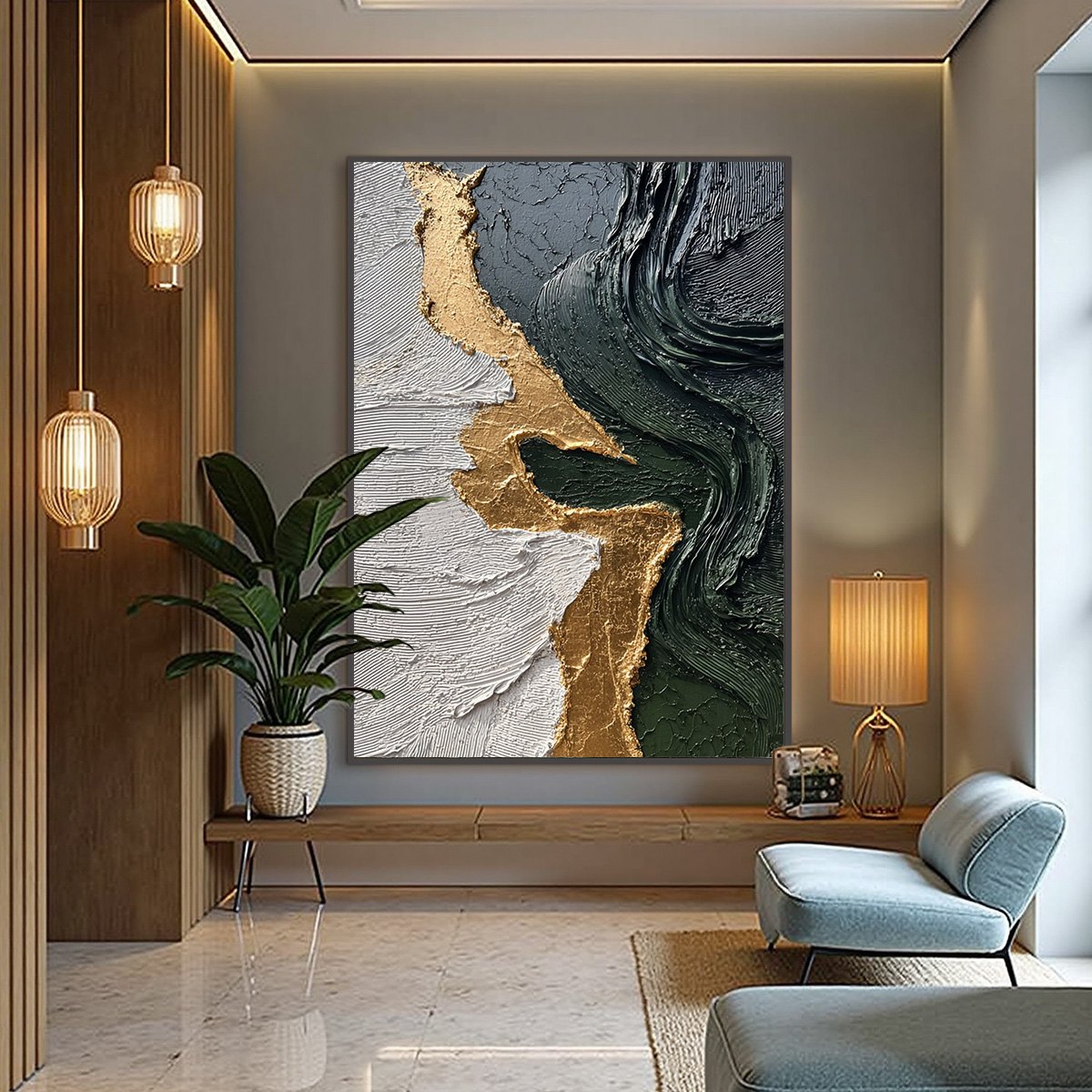 VERIDIAN RIFT: Large Vertical Textured Abstract Green and Gold Painting - Image 2