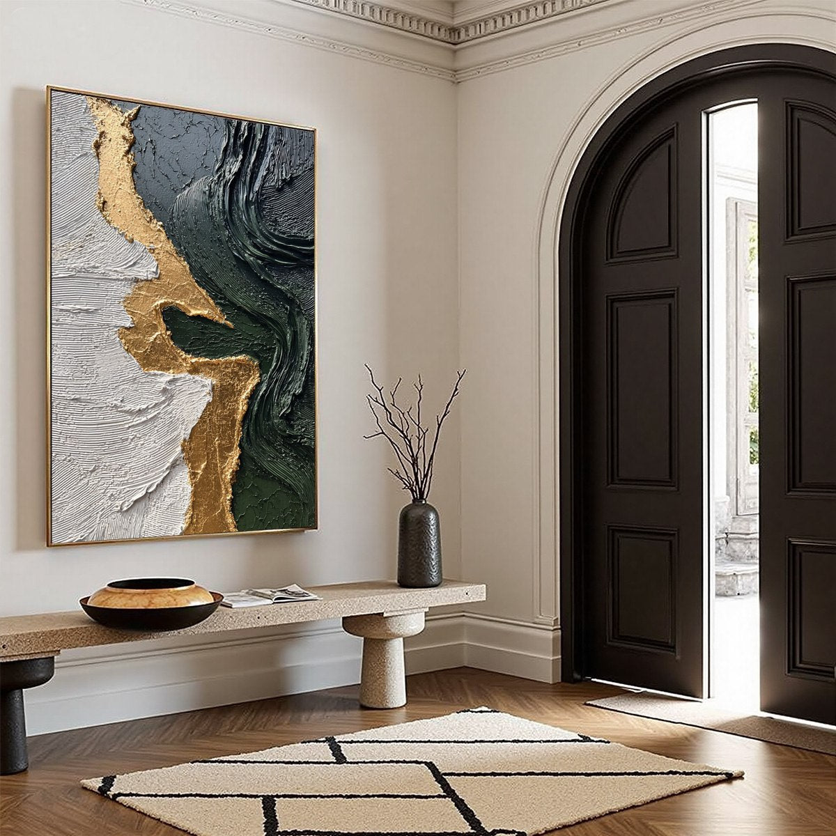 VERIDIAN RIFT: Large Vertical Textured Abstract Green and Gold Painting - Image 8