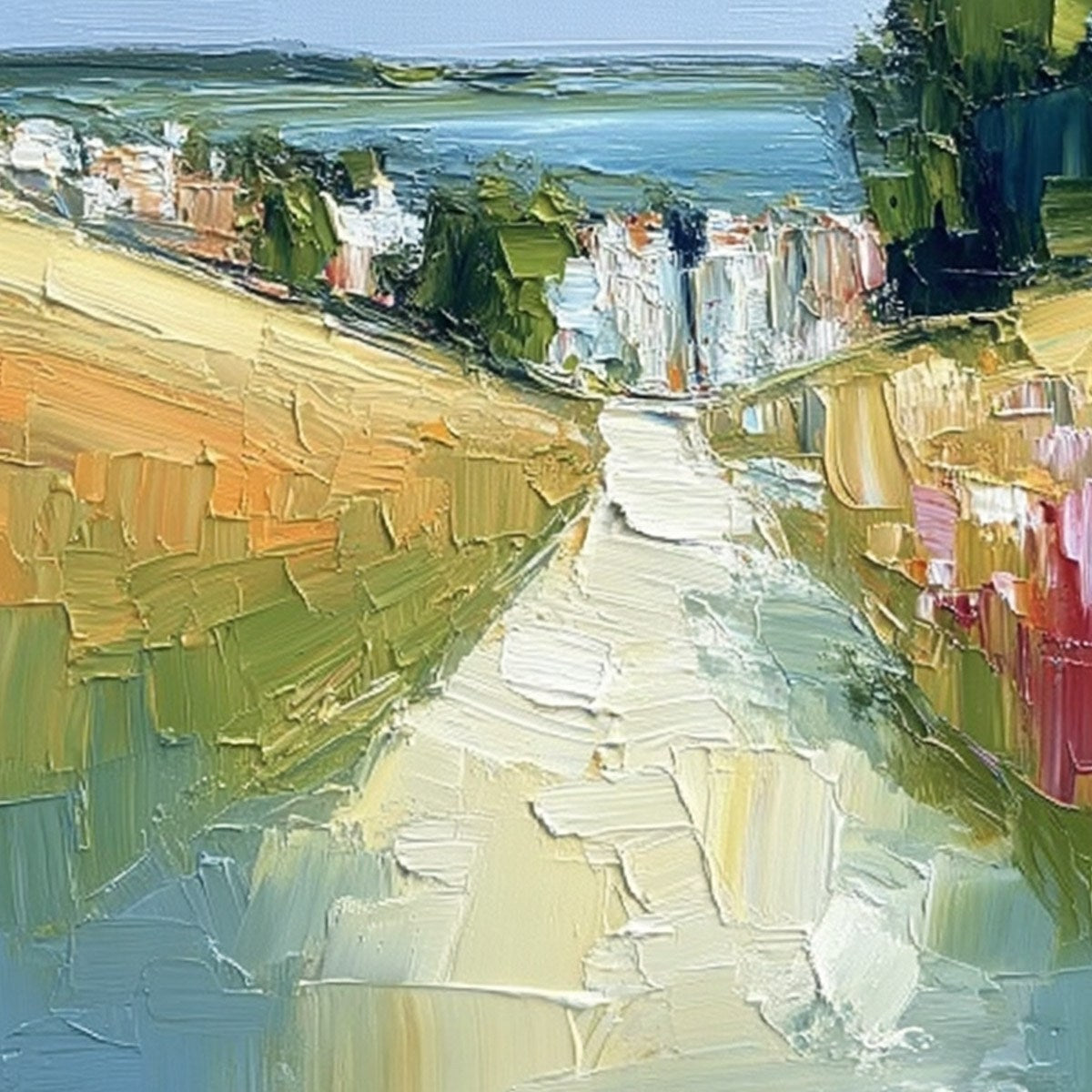 VIA AL MARE: Textured Impasto Painting of a Coastal Village Path - Image 3