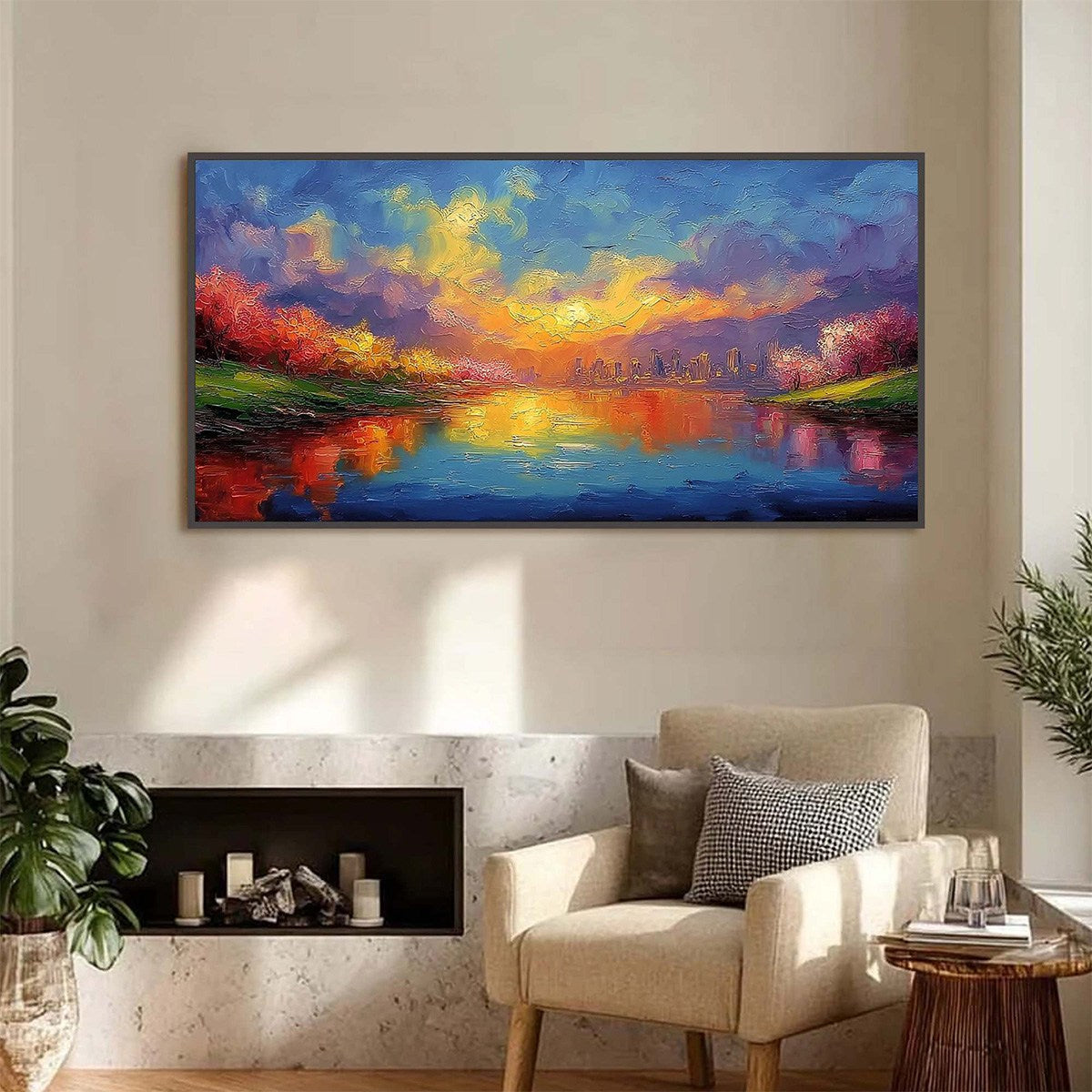 VIBRANT HORIZON: Textured Impasto Cityscape Sunset Painting - Image 2