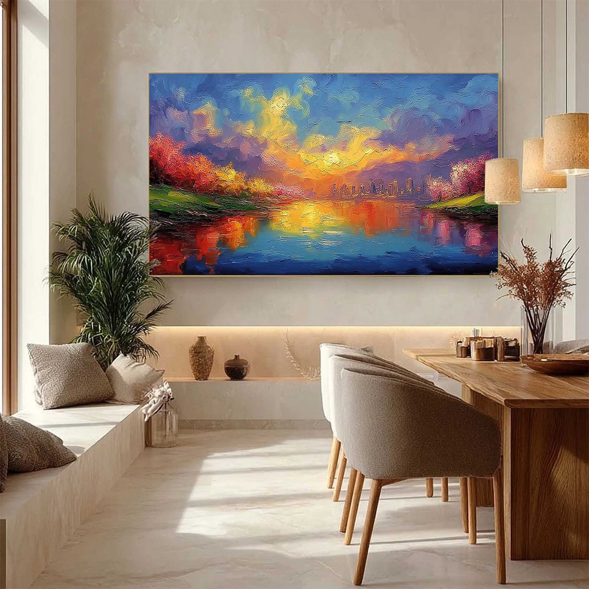 VIBRANT HORIZON: Textured Impasto Cityscape Sunset Painting - Image 4