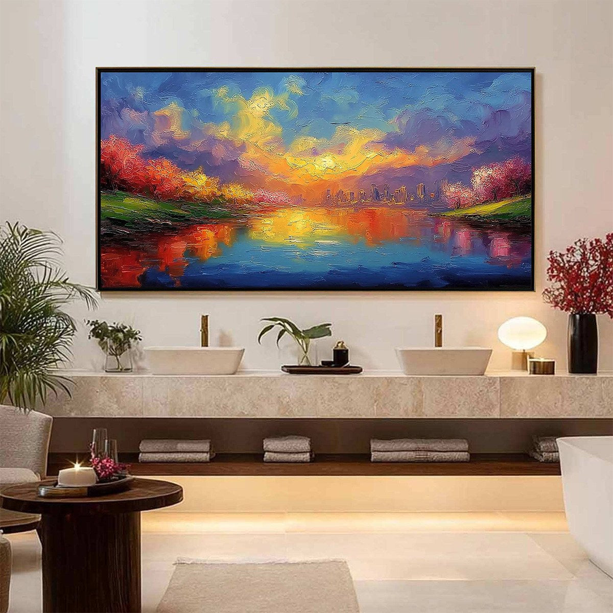 VIBRANT HORIZON: Textured Impasto Cityscape Sunset Painting - Image 6