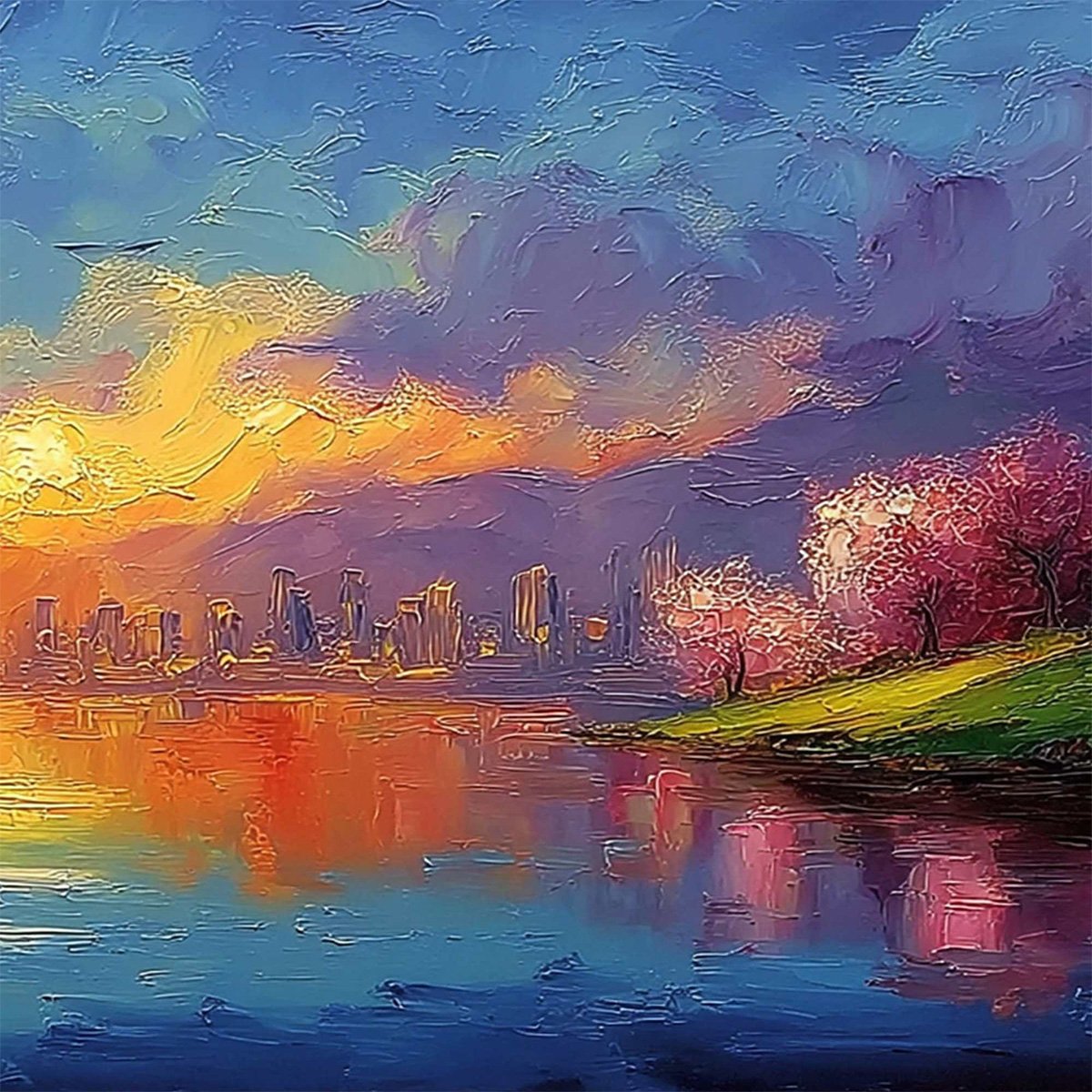 VIBRANT HORIZON: Textured Impasto Cityscape Sunset Painting - Image 5