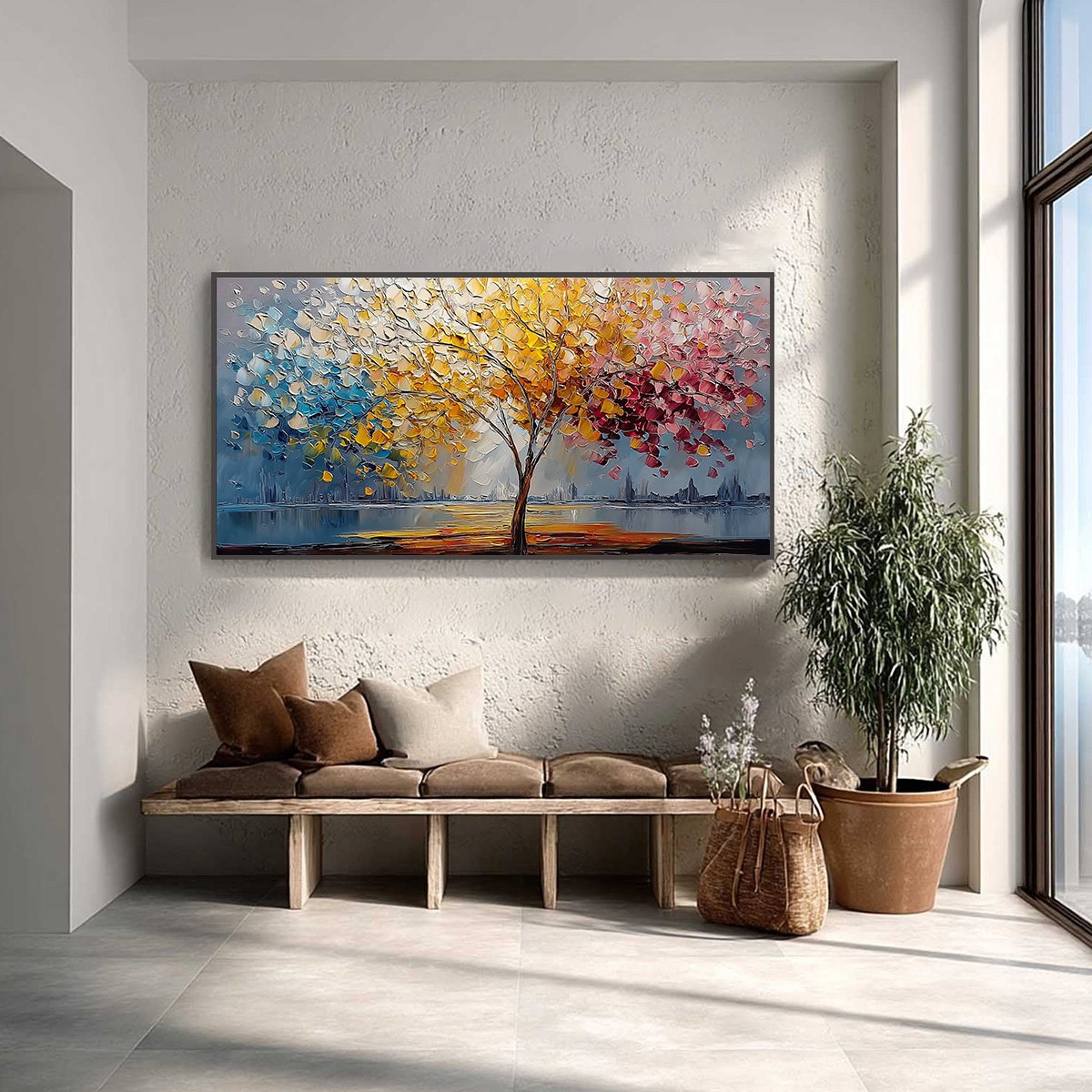 VIBRANT HORIZON: Textured Palette Knife Tree of Life Landscape Painting - Image 2
