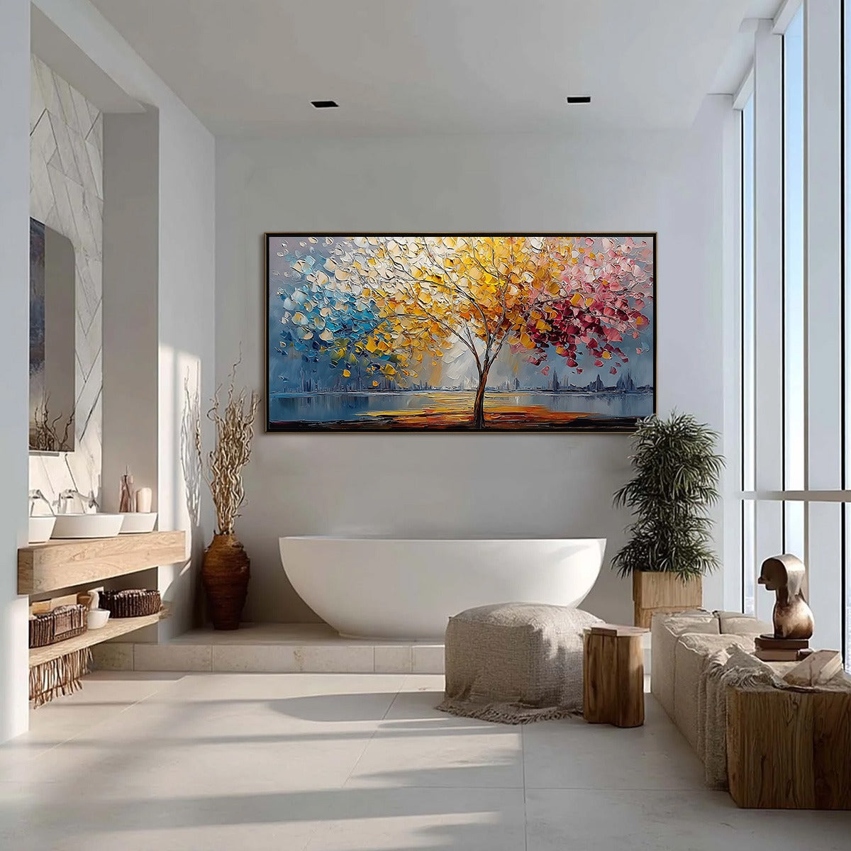 VIBRANT HORIZON: Textured Palette Knife Tree of Life Landscape Painting - Image 4