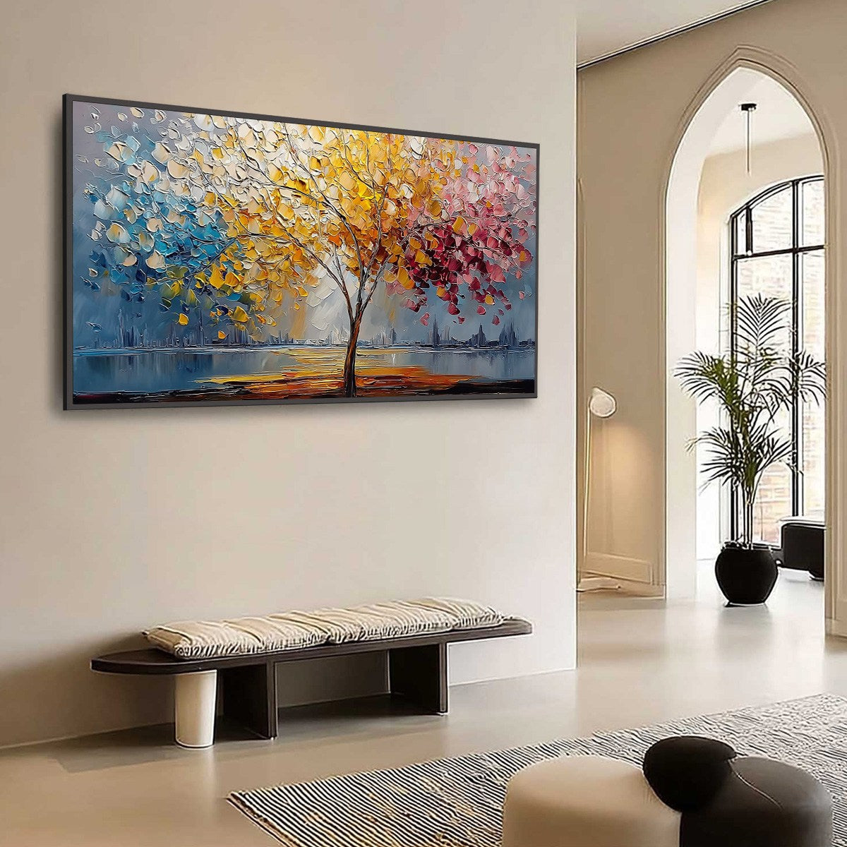 VIBRANT HORIZON: Textured Palette Knife Tree of Life Landscape Painting - Image 7