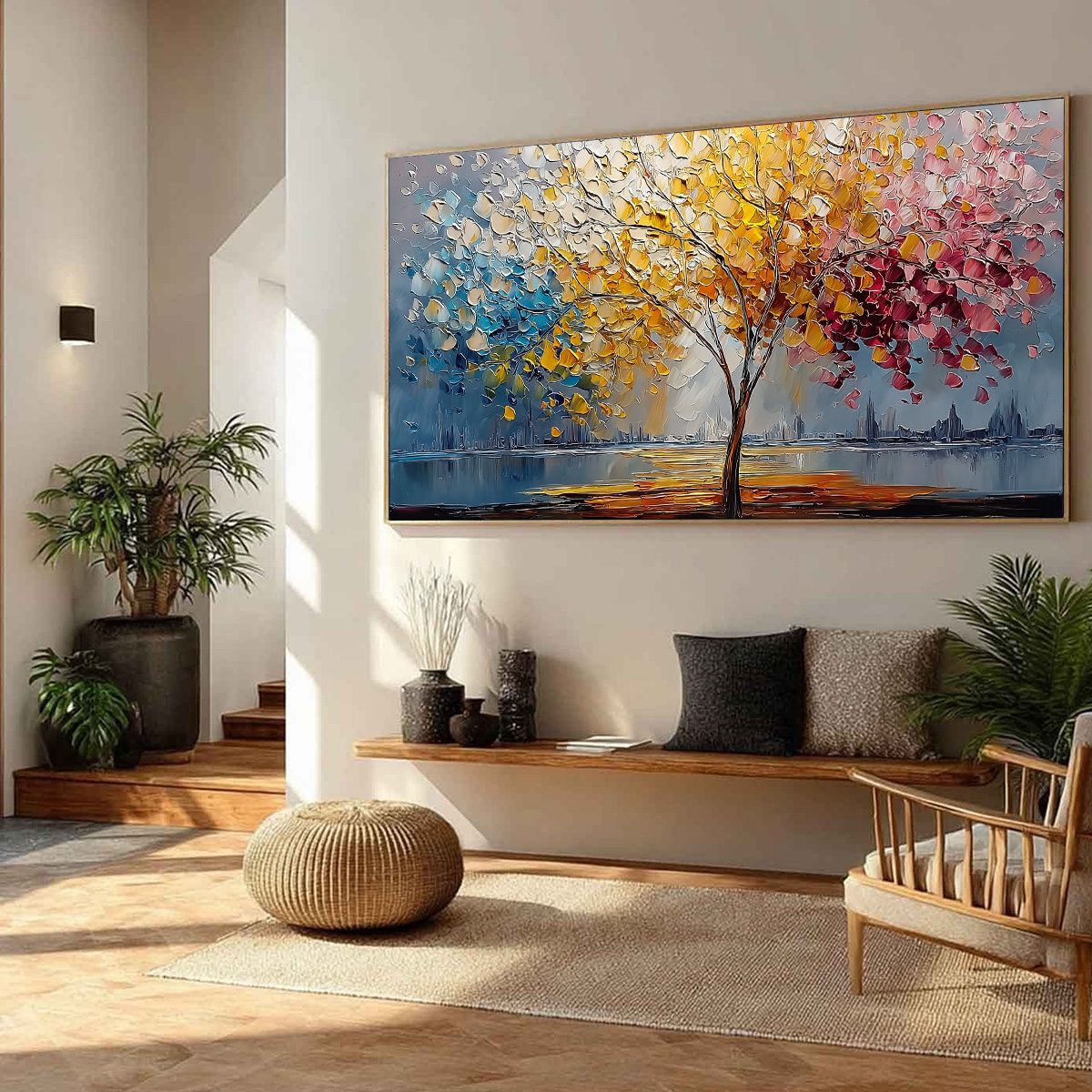 VIBRANT HORIZON: Textured Palette Knife Tree of Life Landscape Painting - Image 8