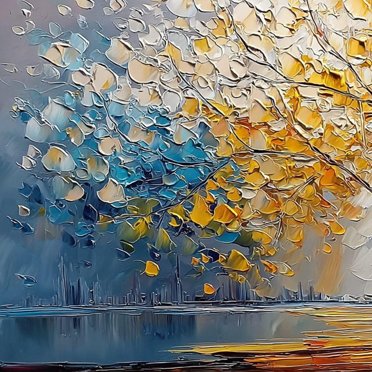 VIBRANT HORIZON: Textured Palette Knife Tree of Life Landscape Painting - Image 3