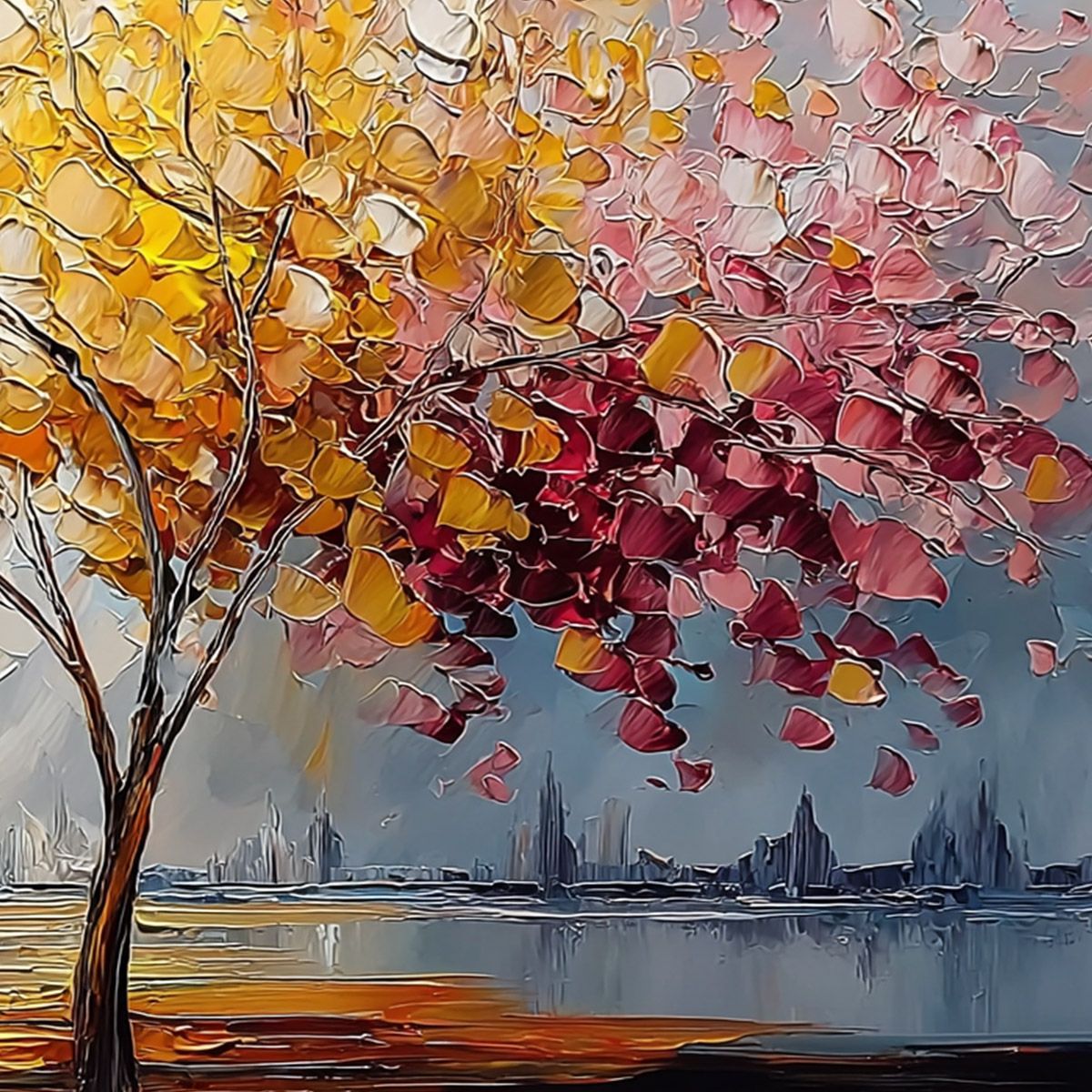 VIBRANT HORIZON: Textured Palette Knife Tree of Life Landscape Painting - Image 5