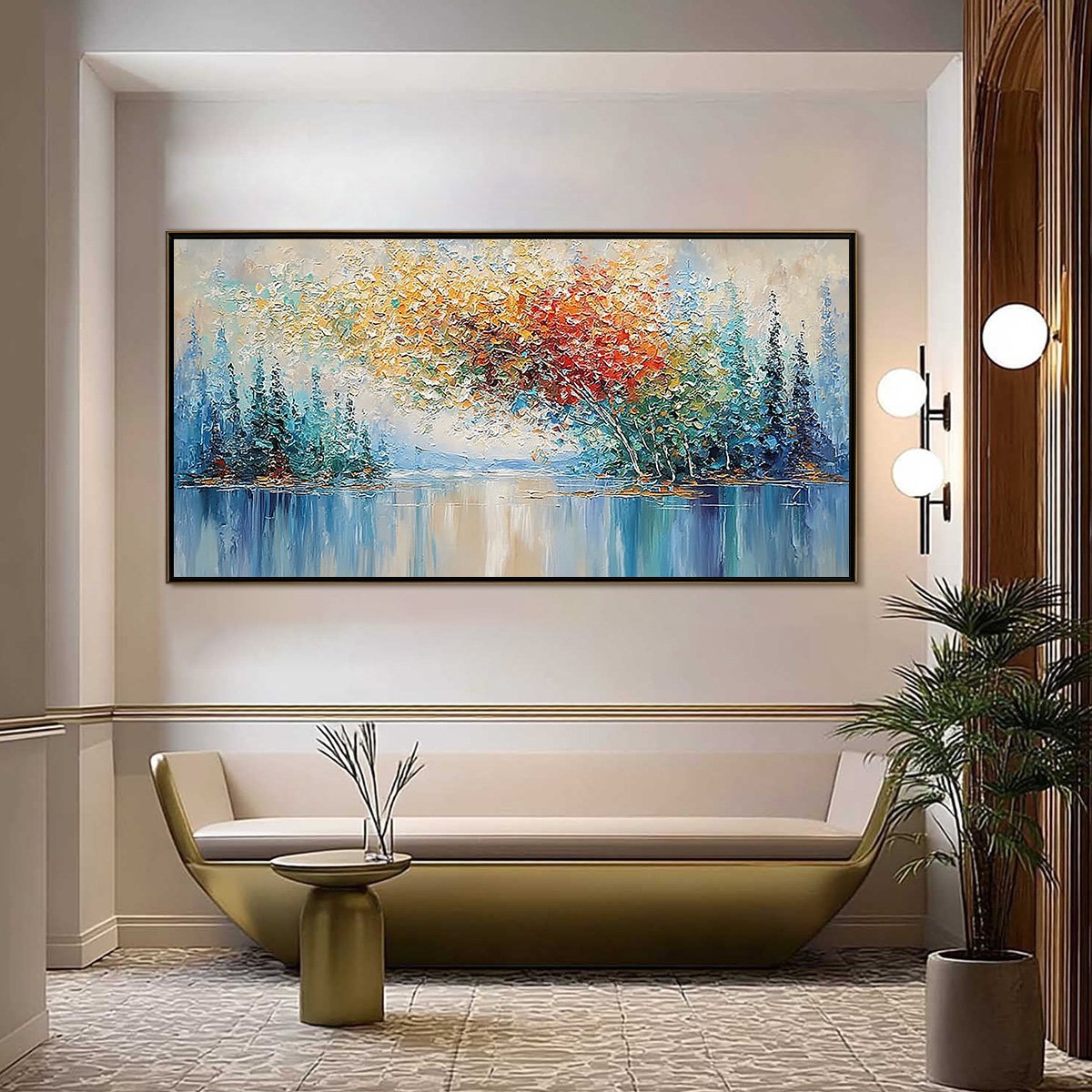VIBRANT REFLECTIONS: Colorful Textured Impasto Forest and Lake Painting - Image 2