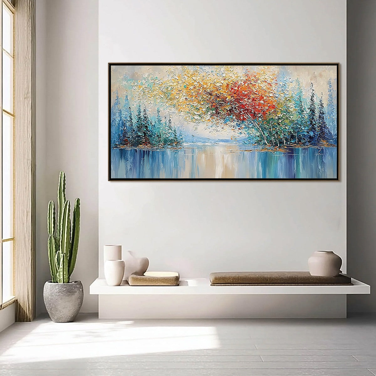 VIBRANT REFLECTIONS: Colorful Textured Impasto Forest and Lake Painting - Image 4