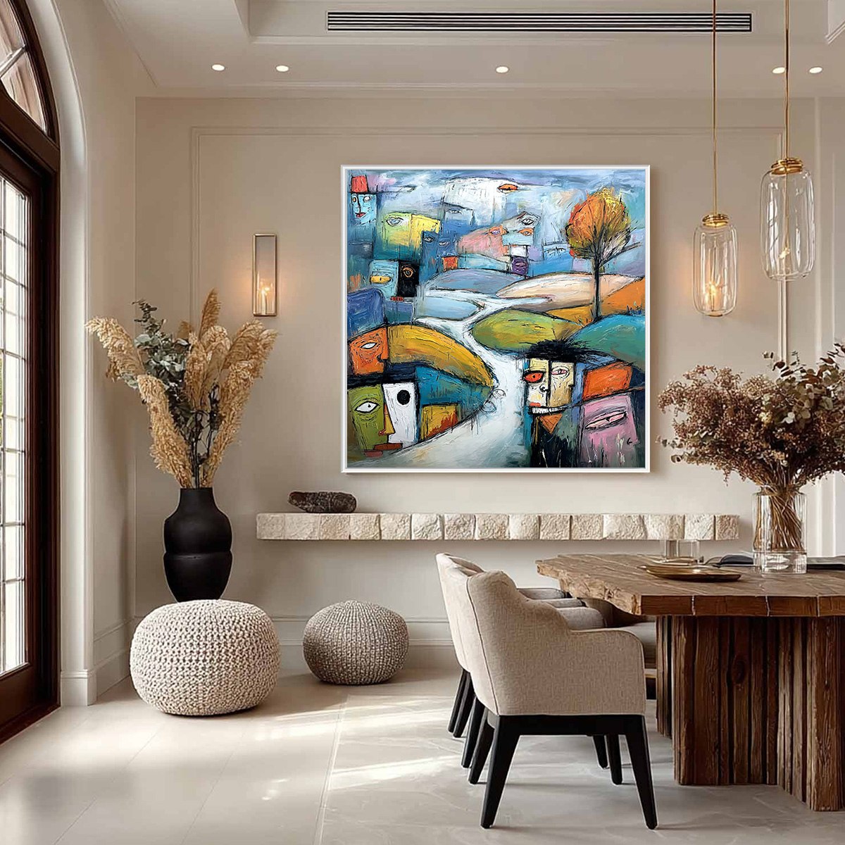 VILLAGE OF EYES: Colorful Abstract Figurative Cityscape Painting - Image 2