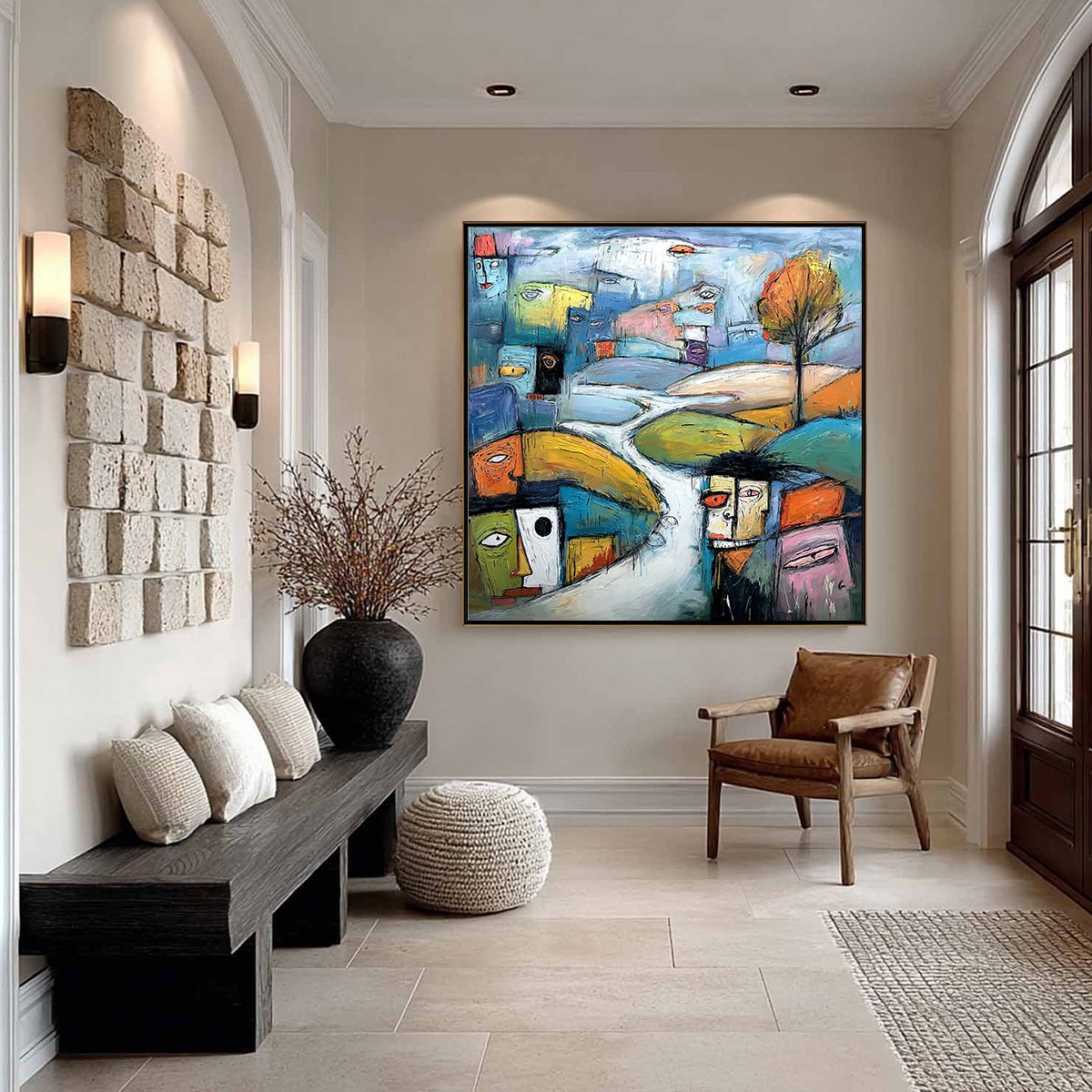 VILLAGE OF EYES: Colorful Abstract Figurative Cityscape Painting - Image 4