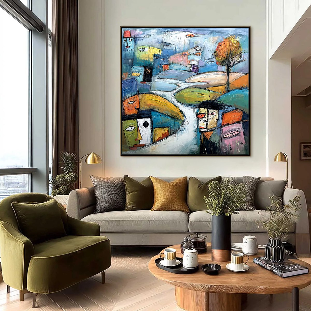 VILLAGE OF EYES: Colorful Abstract Figurative Cityscape Painting - Image 6