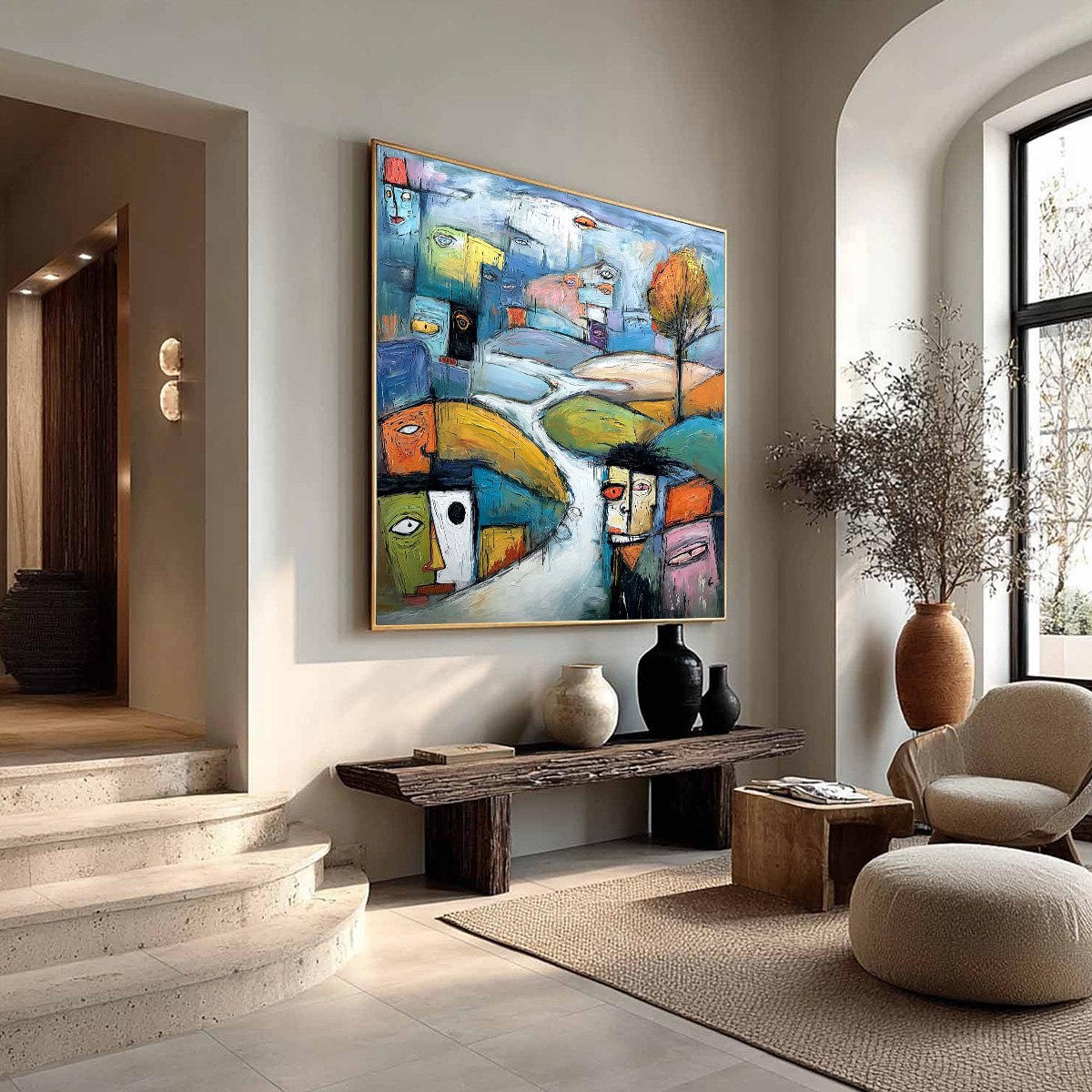 VILLAGE OF EYES: Colorful Abstract Figurative Cityscape Painting - Image 8