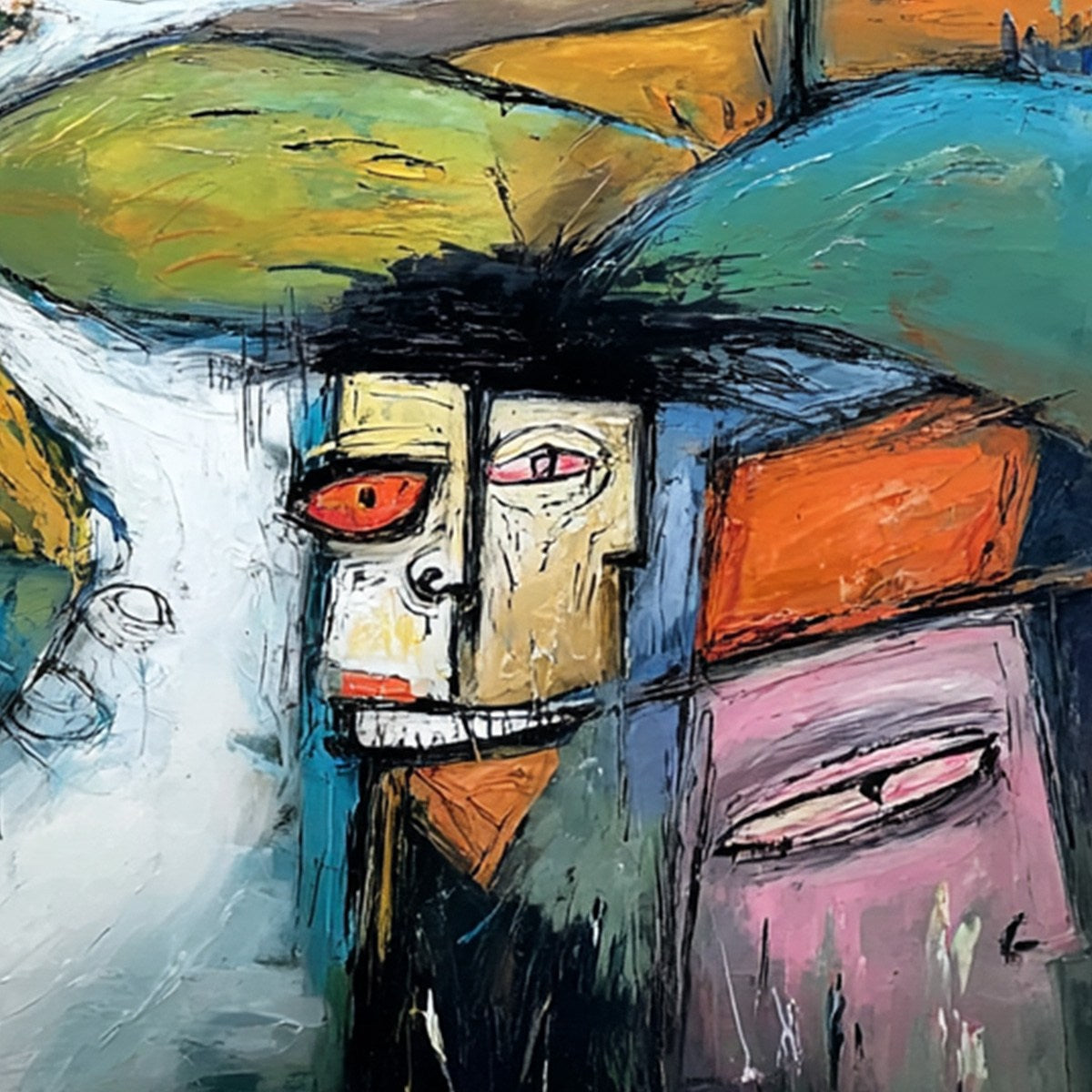 VILLAGE OF EYES: Colorful Abstract Figurative Cityscape Painting - Image 3